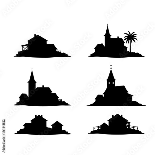 Collection of architectural silhouettes. Various small town, suburban house, and fantasy village illustrations.