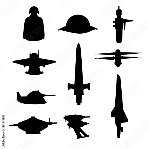 Warfare icon set with soldier, firearms, and aircraft silhouettes. Abstract vector symbols for conflict or battle themes.