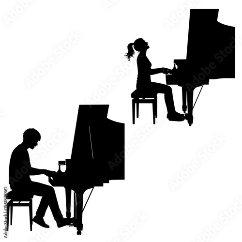 Set of pianist silhouettes playing a grand piano. Vector illustration of musicians for concert, recital, or music school concepts