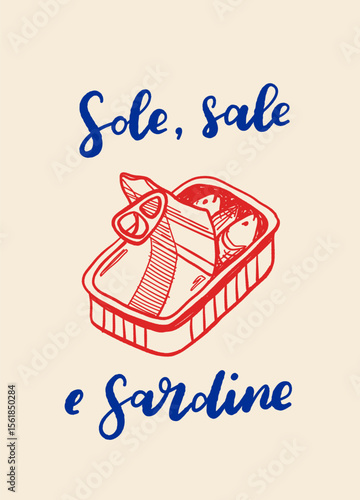 Hand drawn seafood poster in Mediterranean style featuring lobster, sardines, oysters, shrimps, and lemon. Vintage blue line art perfect for restaurant menus and gourmet branding.