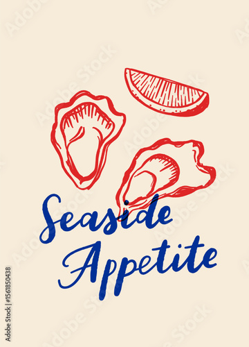 Hand drawn seafood poster in Mediterranean style featuring lobster, sardines, oysters, shrimps, and lemon. Vintage blue line art perfect for restaurant menus and gourmet branding.
