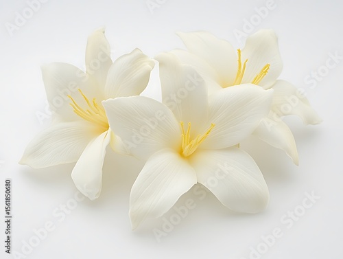 Three beautiful white flowers with yellow centers on display