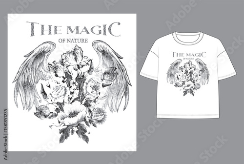 Black and white vintage-style graphic featuring angel wings paired with blooming florals and the quote “The Magic of Nature.” This versatile design is ideal for t-shirts, hoodies, and spiritual items