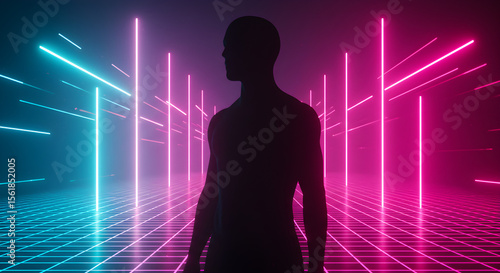 Abstract neon digital grid overlay on a human silhouette, cyberpunk style, vibrant magenta and cyan colors.ai