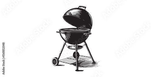 Classic kettle barbecue grill with open lid and wheels silhouette