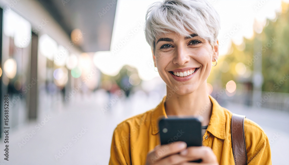 Fototapeta premium Young woman walking through town using a mobile 