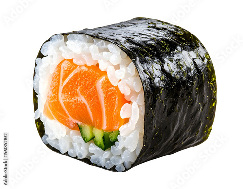 Single Salmon Maki Roll with Nori and Rice Texture, isolated on transparent background