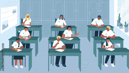 Students writing test exam in class. Education concept. Teenagers in lesson. Exam test. Test question. Vector illustration in flat style.