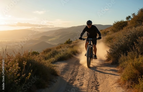Man rides mountainbike on dusty trail Fort Ord National Monument Park Monterey California USA. Mountain biker wearing helmet active during outdoor sport. Adventure, fun, speed, motivation on bike.