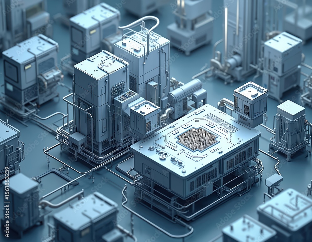 Futuristic chip manufacturing facility. High-tech factory with complex machinery, processors, circuits, semiconductors, advanced tech, innovative systems. Automation digital engineering in production Futuristic chip manufacturing facility. High-tech factory with complex machinery, processors, circuits, semiconductors, advanced tech, innovative systems. Automation digital engineering in production