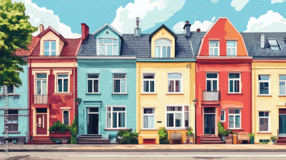 Fototapeta premium Colorful row of houses on a sunny street.