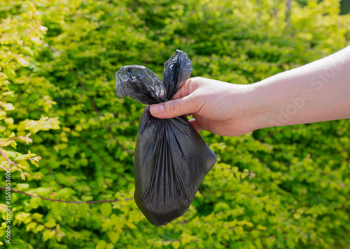 Close-up of a human hand holding a small black plastic bag with dog poop, against a green park background. Responsible dog ownership and pet waste disposal concept.