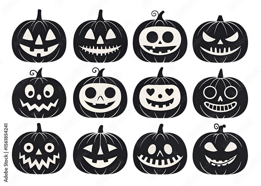 Black and White Jack-O'-Lantern Set - Spooky Halloween Art