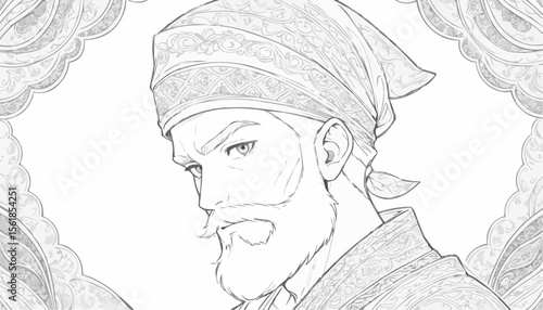 Detailed illustration of a bearded man with a bandana in a decorative frame, black and white coloring page