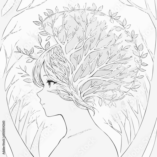 Whimsical illustration of a girl with a tree-like hairstyle, surrounded by nature, black and white coloring page