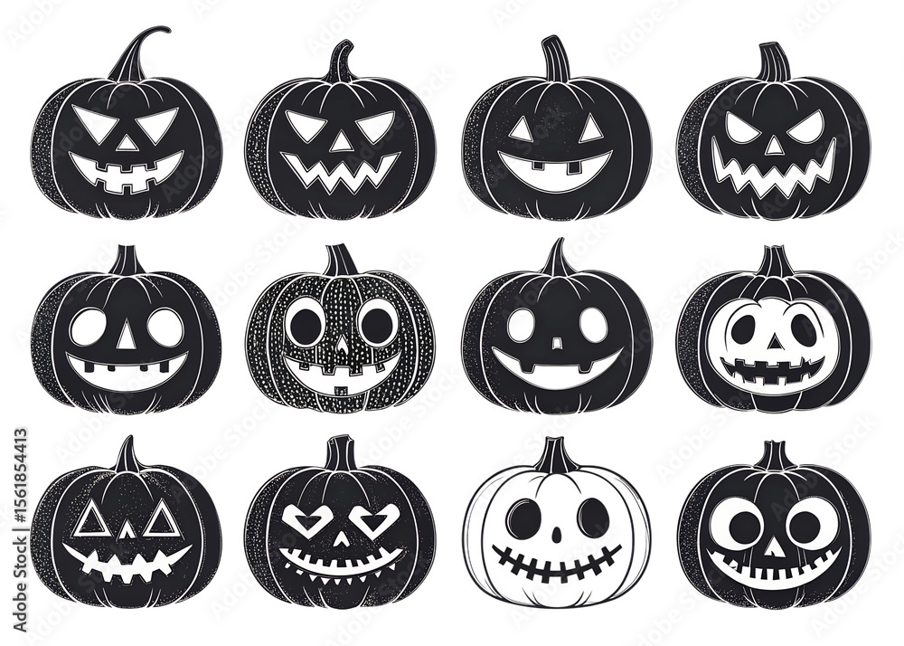 Black and White Jack-O'-Lantern Set - Spooky Halloween Art