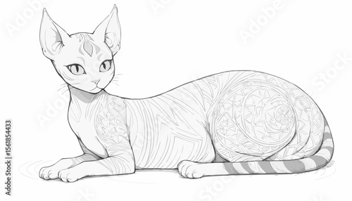 Elegant cat illustration with intricate patterns, lying down, black and white coloring page