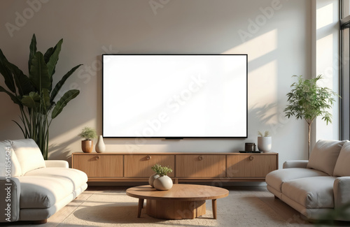 Modern living room mockup with large blank TV screen on wall. White screen for displaying content. Cozy interior design with sofa, wooden coffee table. Minimalist home decor concept.