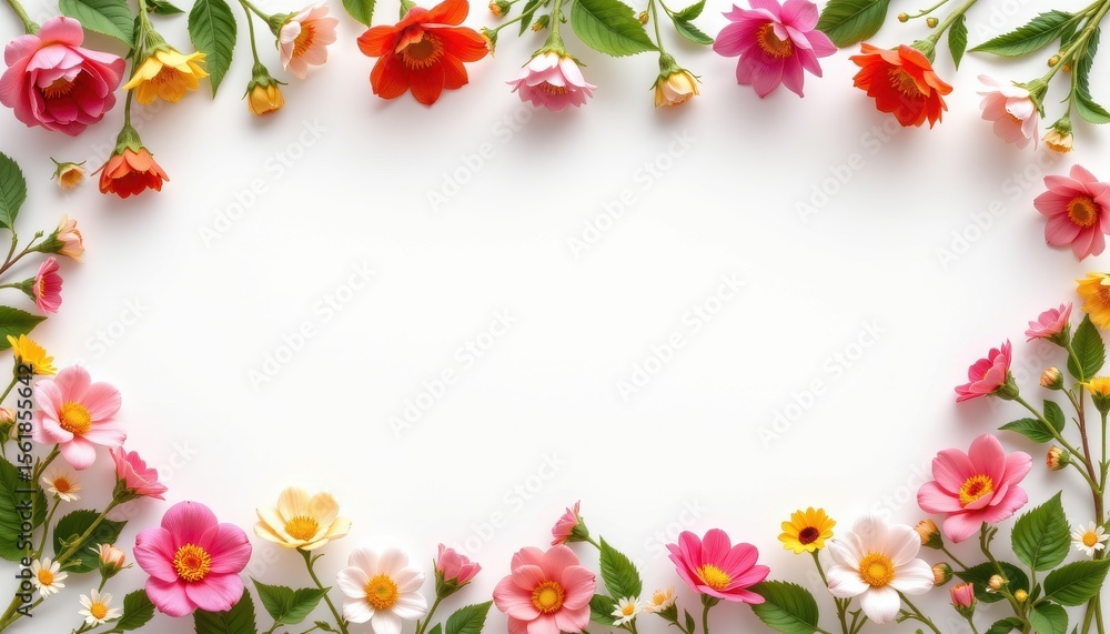 Elegant floral frame design with vibrant flowers creating a beautiful border for photos and artistic creations Elegant floral frame design with vibrant flowers creating a beautiful border for photos and artistic creations