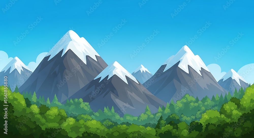 Naklejka premium Majestic Snow-Capped Mountains and Lush Green Forest Landscape Illustration