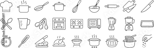 Cooking and kitchen utensil line icon set. Includes cookware, food preparation tools, saucepan, whisk, bowl, knife, chopping board, mixer, spoon, fork, appliances and vector illustration.