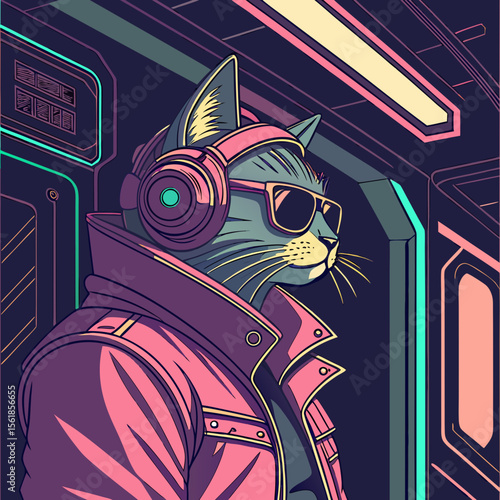 futuristic, cyberpunk, synthwave, retro style, neon colors, digital art, science fiction, cat wearing headphones and sunglasses, detailed, high resolution, intricate, artstation, digital painting
