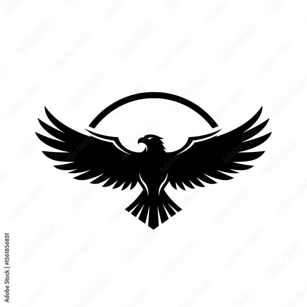 Obraz premium Dynamic vector illustration of an eagle in flight with wide-spread wings, set against a semi-circular background. 