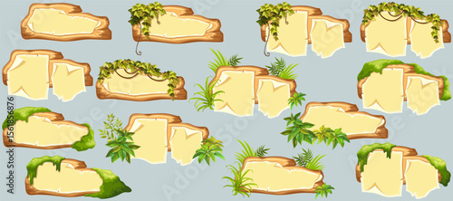 Wooden signboards with old paper, stems ivy, liana, grapes, vine, swamp moss, forest lichen. Set blank invitations, maps, jungle plants. 3d elements for messages, banners, notebooks, mobile games.