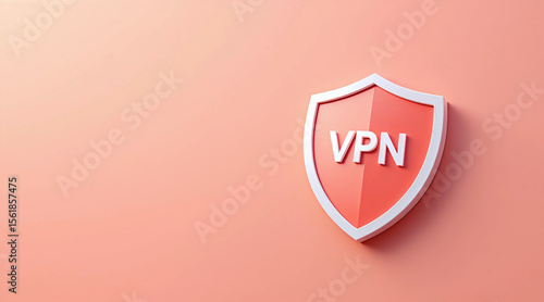 3D Shield Icon with VPN Letters on Coral Background Representing Online Privacy and Cybersecurity.