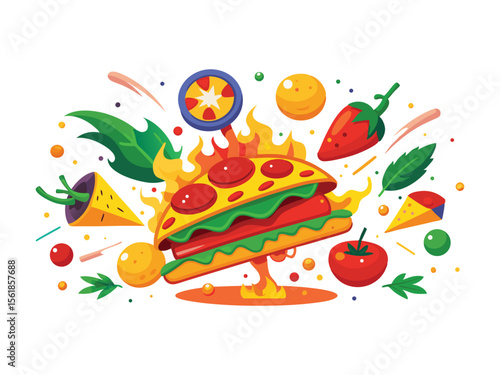 Explosion of delicious food elements with pizza burger and vegetables isolated on white background
