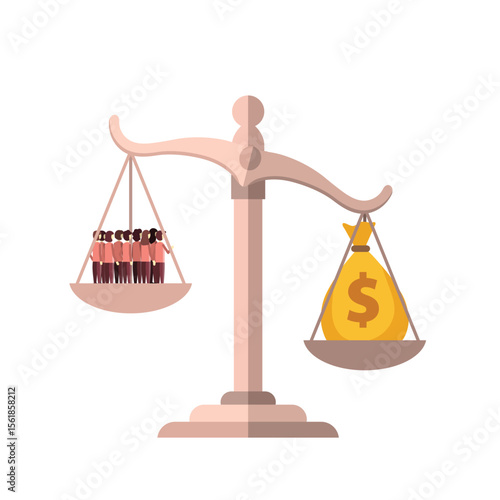 an unbalanced scale between people on one side and a bag of money on the other. a weighty scale. money buys humanity. suitable for the theme of justice