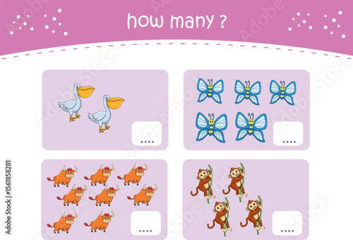 Count and match activity page for kids with cute wild animals. Elementary math for preschool and kindergarten. Vector illustration