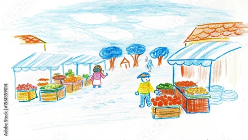 A crayon drawing of a market scene with people and fruit stands under blue trees