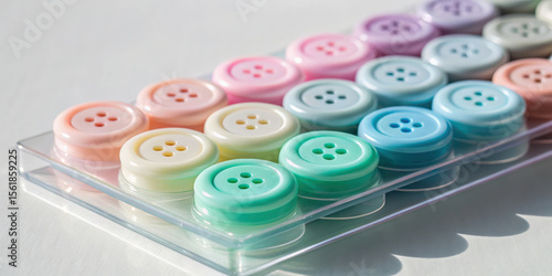Colorful buttons arranged neatly in a transparent container.