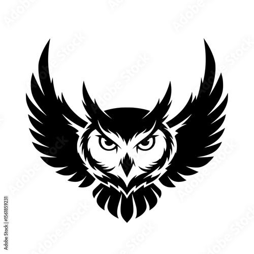 A powerful silhouette illustration of an owl with widely spread wings. 