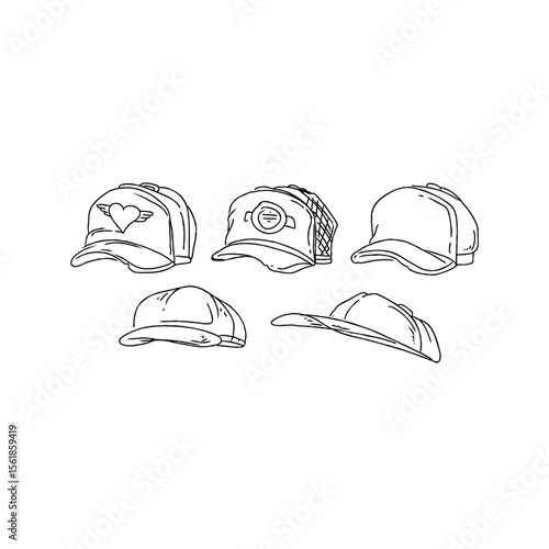 Black and white illustrations of baseball caps