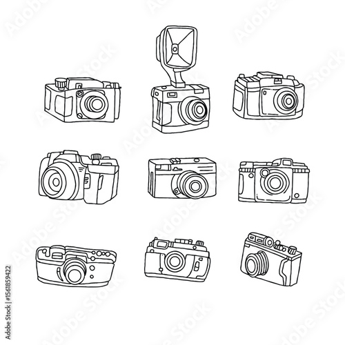 Black and white illustrations of vintage cameras