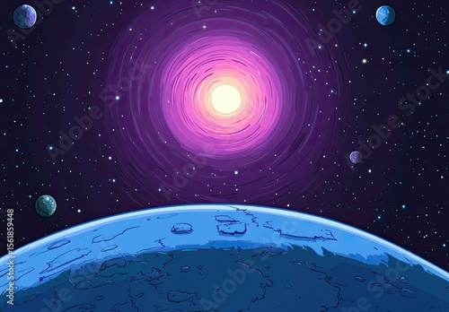 Wallpaper Mural Vector cartoon background of space with planets and stars, in a blue and purple gradient color scheme Torontodigital.ca