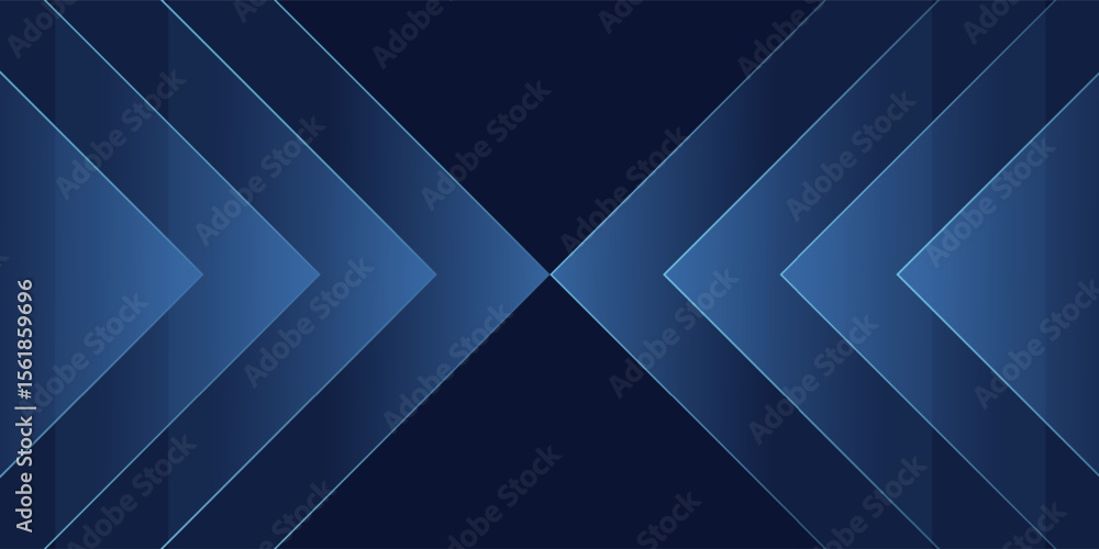 Obraz premium Dynamic convergence of geometric blue arrowheads for sleek digital background, highlighting symmetrical precision with a luminous depth and a modern, technological aesthetic