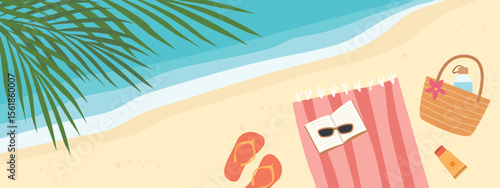 summer banner with tropical beach and towel, book, sunglasses, flip flops, water bottle and SPF cream; perfect for vacation-themed graphics, travel promotions, or seasonal marketing materials