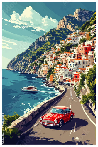 Classic Red Car on Italian Coastal Road with Mediterranean Village View
