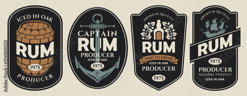 Vector set of banners or labels for a bottle of rum on an old paper background. With a barrel, ship, anchor, corkscrew, laurel wreath. Logo in vintage style. Coaster. AI is not used