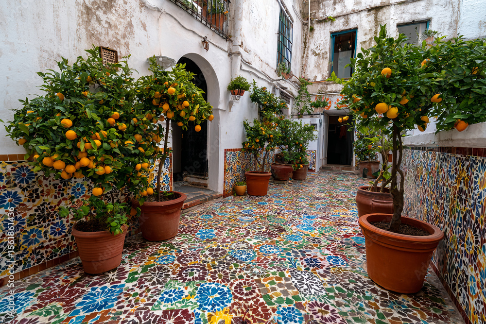 Naklejka premium Colorful courtyard surrounded by white stucco walls and patterned ceramic floor tiles, potted citrus trees placed in corners