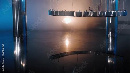 Modern metal sculpture suspended over reflective surface