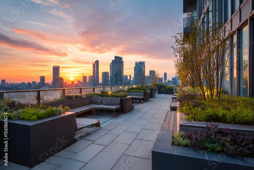Wallpaper Mural Contemporary rooftop terrace with sleek planters and seating, overlooking a modern skyline at sunset Torontodigital.ca