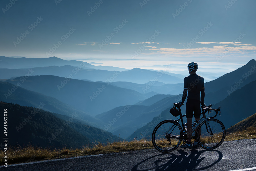 Fototapeta premium Cyclist standing beside a road bike overlooking vast mountainscape, helmet in hand, shadows long from early morning light