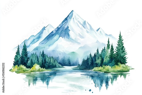 Watercolor sketch of a snow-capped mountain with a green forest and river, isolated on a white background