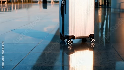 Luggage standing on airport floor
