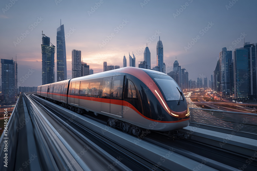 Naklejka premium Futuristic monorail train gliding over urban skyline at dusk, long exposure capturing motion blur