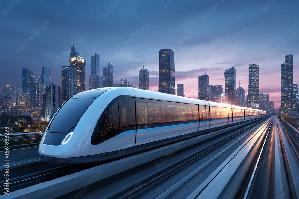Naklejka premium Futuristic monorail train gliding over urban skyline at dusk, long exposure capturing motion blur